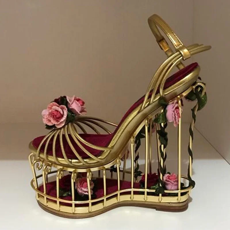 

Red Pink Flowers twined Metal Fretwork Bird Cage Platform Wedge heels Sandals Woman Gold Thin Strap Wedding Dress Shoes