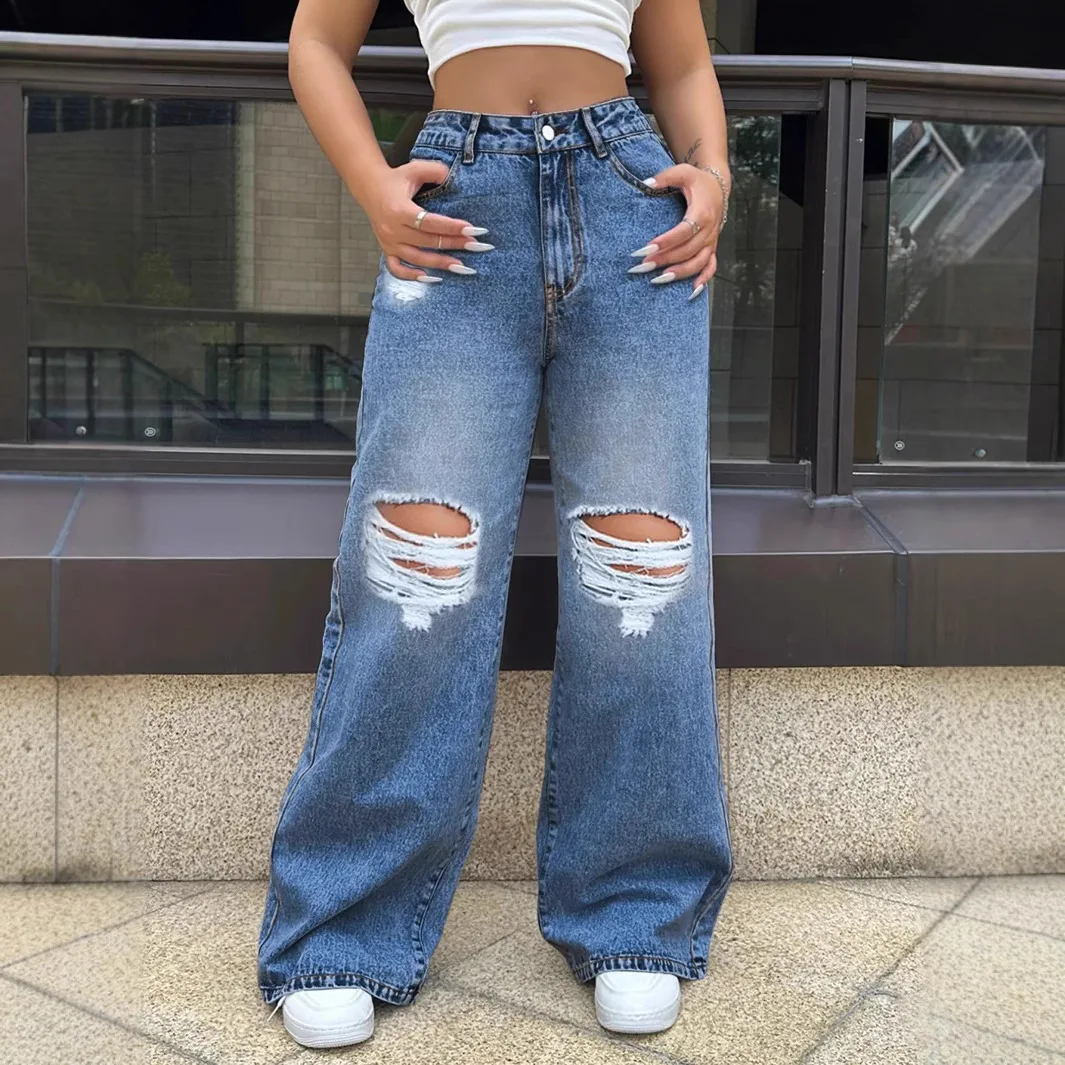 

Fall High Waist Straight Women's Ripped Jeans Women New Blue Denim Trousers Fashion Streetwear Wide Leg Baggy Pants Casual