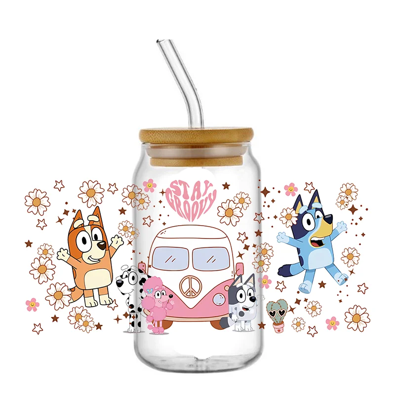 Miniso Cartoon dog Stickers Waterproof UV DTF Cup Mug Wraps Sticker DIY 3D Wrap Decal For 16oz Libbey Glass