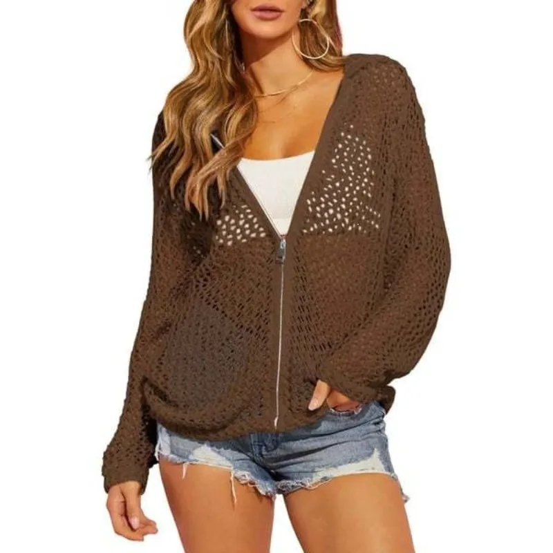 New Fashion Women's Hollow Out Knit Top Spring Summer Long Sleeve Solid Color Mesh See Through Zip Up Cardigan Coat