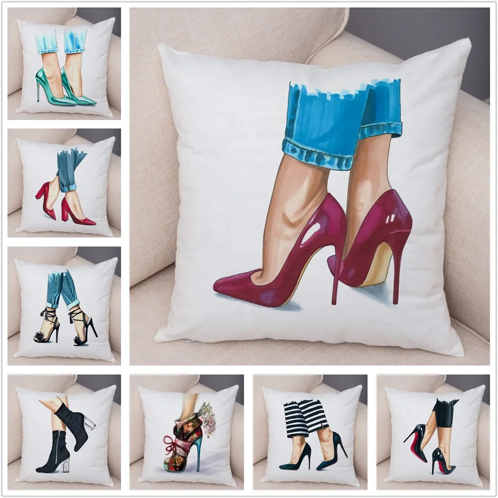 Bedroom Living Room Car Sofa Household Pillowcase Decoration Cartoon  Ladies High Heels Printed Cushion Cover