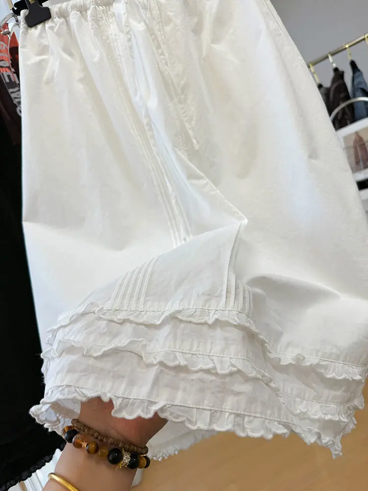 

Japanese Korean Elastic Waistband Drawstring Cotton Linen Skirt Causal Slimming Patchwork Ruffle Lace A-line Skirts