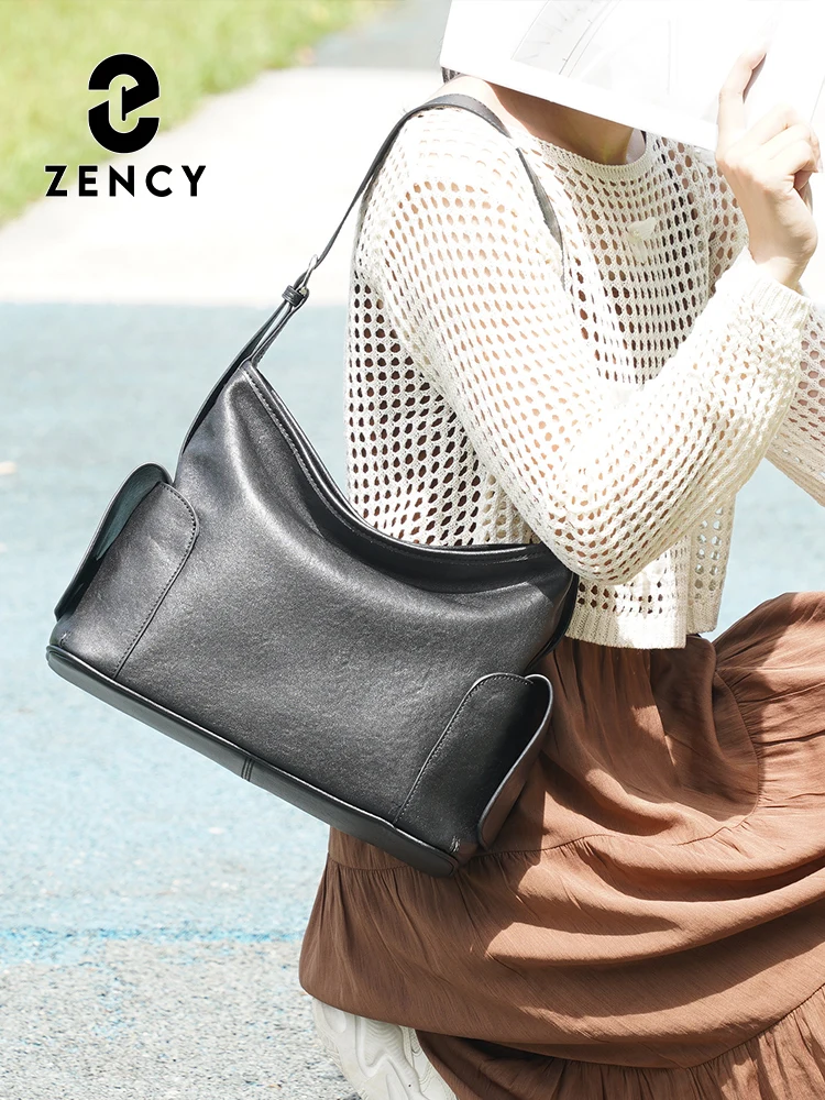 Zency Coffee Cow Leather Handbag Women Shoulder Bag Retro Multi-functional Pockets Crossbody For Commute Shopper