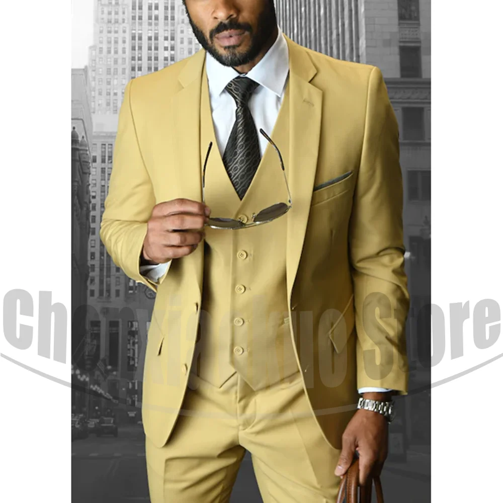 

Men Suits 3 Piece Chic Fashion Formal Business Casual Clothing Solid Color Customized Notch Lapel Single Breasted Male Suit