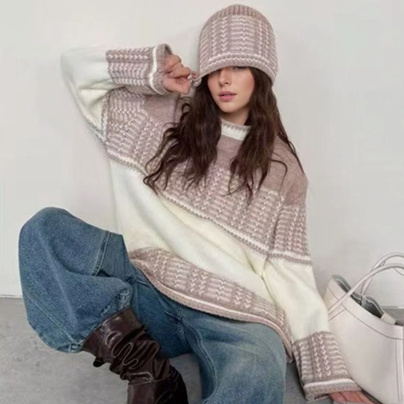 

Корейский модный жаккардовый женский пуловер с круглым вырезом + шапка, осенне-зимние свободные вязаные свитера с длинными рукавами, офисные топы