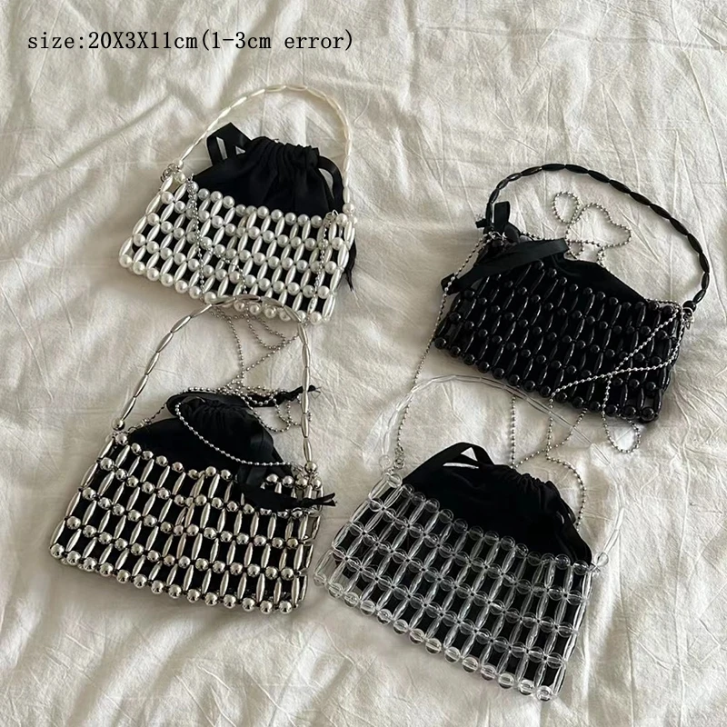 

2023 Summer Hollow Out Beaded Mini Purses with Diamonds Handmade Woven Handbag Ladies Metal Long Chain Evening Party Handbags