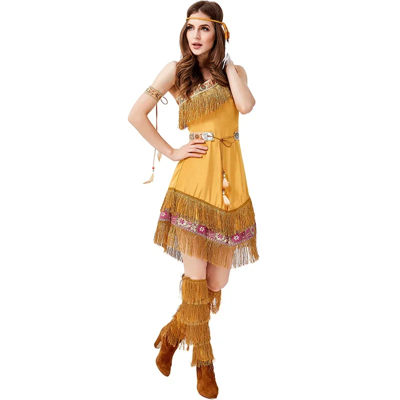 Halloween Native Indians Princess Goddess Cosplay Costume Tassel Indian Tribal Stage Performance Dance Dress