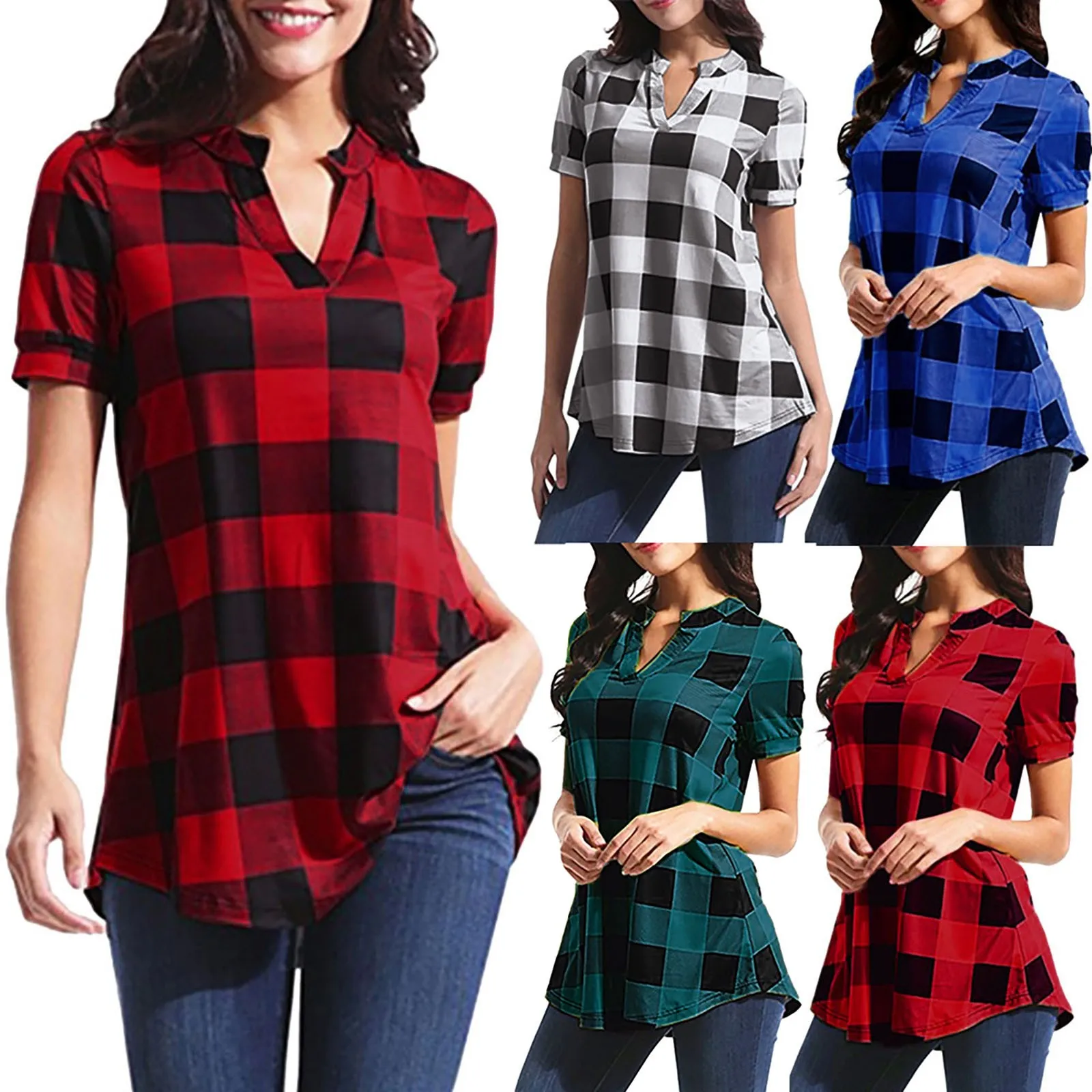 Plus Size Summer Plaid Blouse Women Casual Short Sleeve Cotton V-Neck Top Shirt Female Blouses Tunic Clothing