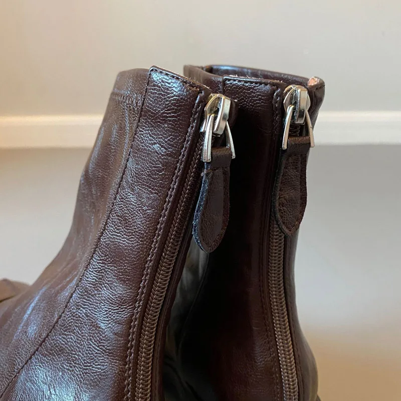 Eilyken 2027 Vintage Design Split Stitching Slim Women Ankle Boots Punk Style Square Toe Block Heels Back Zipper Shoes
