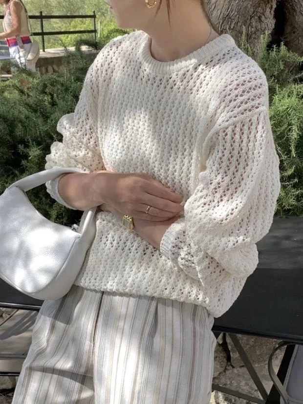 

White Present Candy Miss Lerobe Meina Family Hollow out Sun Protection Long Sleeve Knitted Breathable Overhead Thin Base