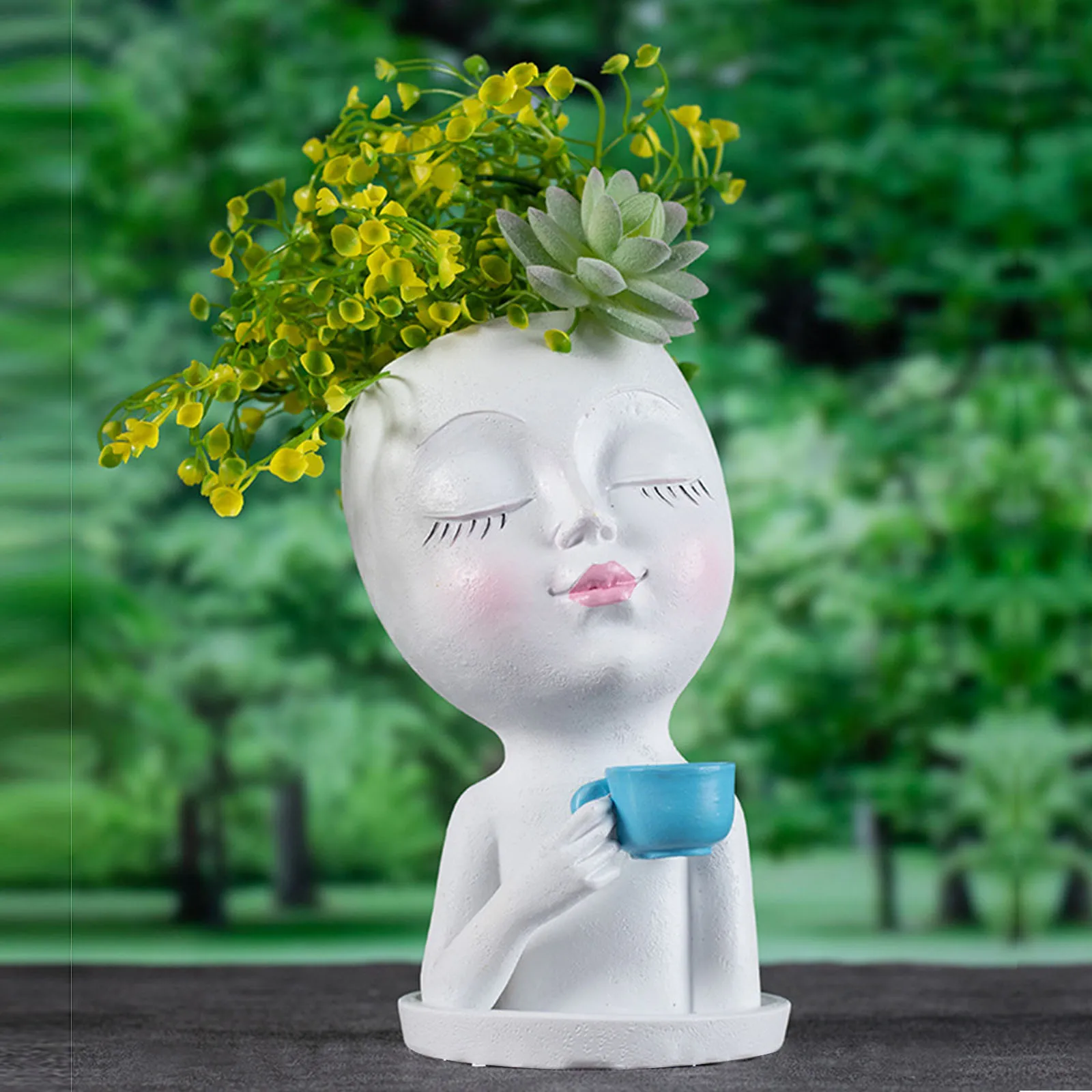 Head Planter Pot Face Flower Pot With Drainage Hole Handmade Unique Creative Multicolor Resin Girl Face Flowerpot