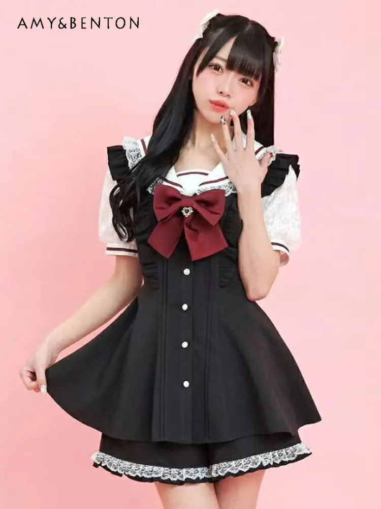 

Summer SC Suit Japanese Love Bow Navy Collar Lace Short-sleeved Dress Shorts Mine Series Mass-produced Suit Lolita Two-piece Set