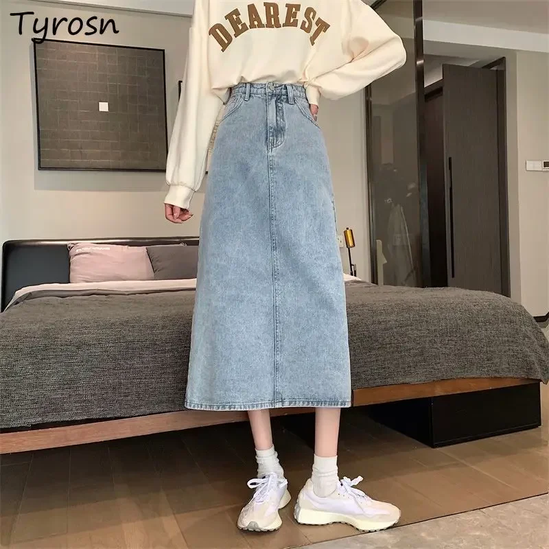 Denim Skirts Women Midi Autumn Simple High Waist Elegant Stylish Vintage Korean Style Slit Daily All-match Fashion A-line Casual