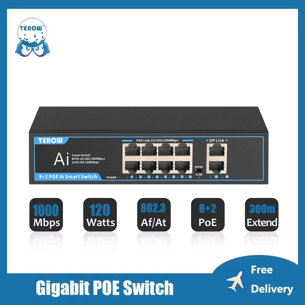 

TEROW 10 Ports POE Switch 1000Mbps 8 PoE +2 Uplinks 120W Gigabit Ethernet Switch For IP Camera/Wireless AP/CCTV Cameras System