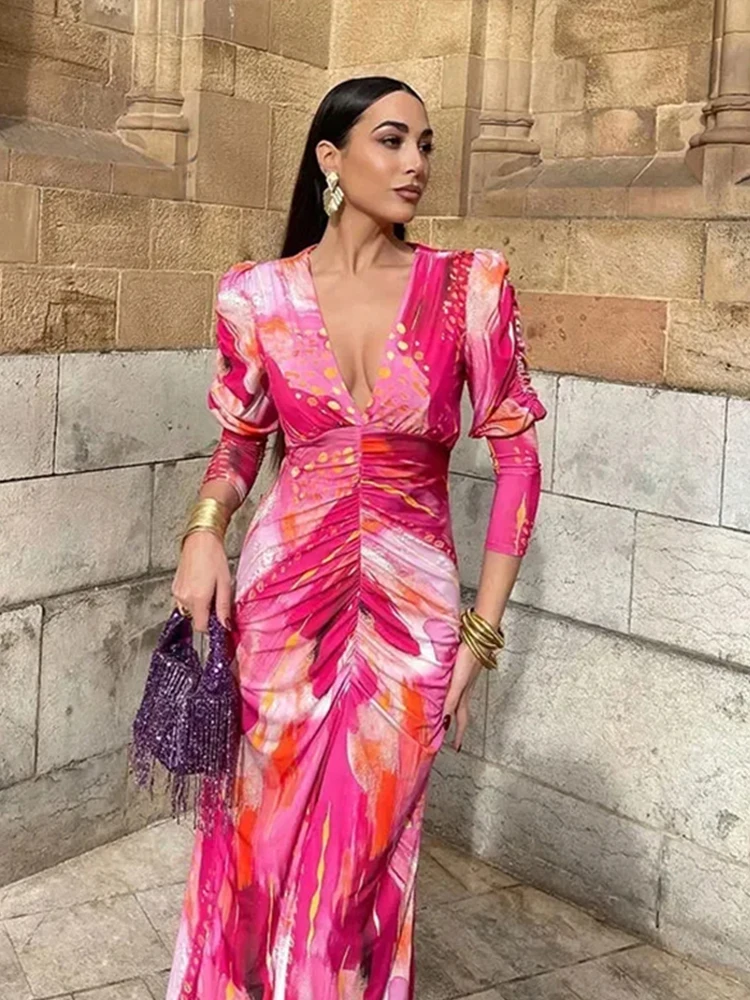 Elegant Printed Women Dress Deep V-neck Long Sleeve High Waist Pleated Female Maxi Dresses 2024 Spring Summer New Chic Lady Robe