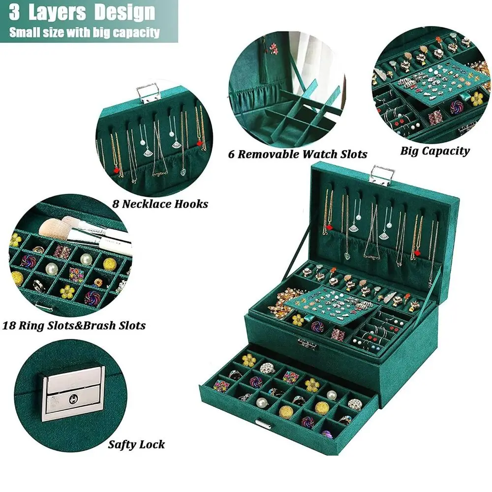 벨벳 보석함 (잠금장치 및 서랍 포함) 대용량 귀걸이 반지 목걸이 정리함 3단 보석함