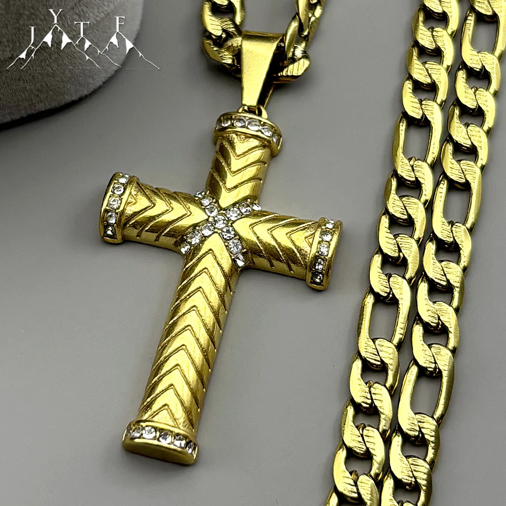 

Catholic Rhinestones Crucifix Cross Pendant Necklace for Women Men Stainless Steel Christian Religious Hip Hop Chain Jewelry