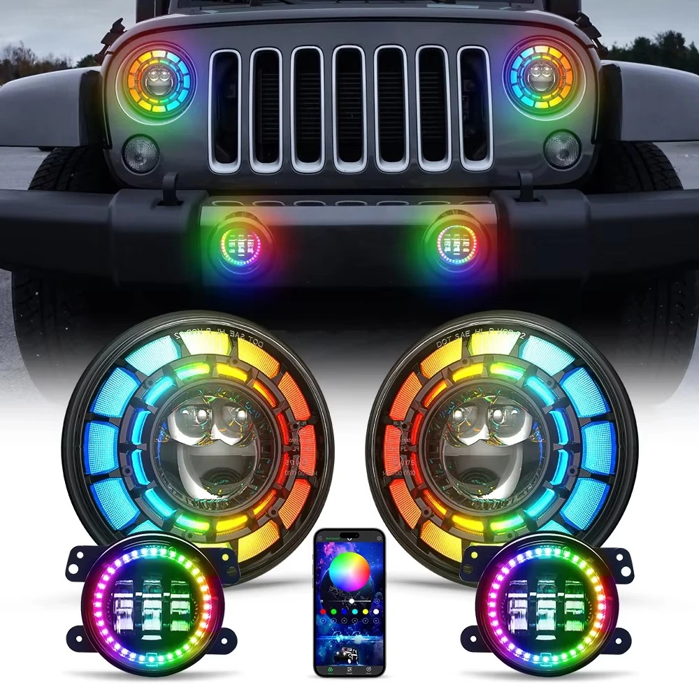 

RGB Angel Eyes 7'' Round Led Headlight Blue Tooth Phone App RGB Halo Chasing Led High Low Beam Headlight With White/Amber Turns