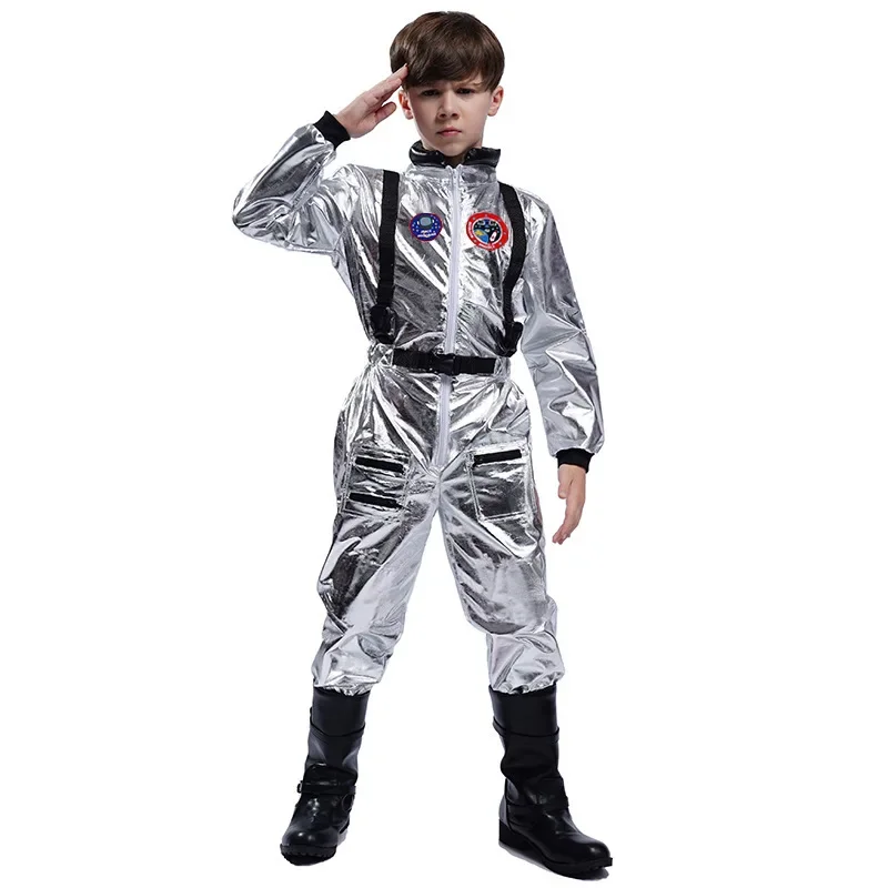 Astronauta Cosplay Macacão para Casais e Crianças, Unisex Halloween Uniforme, Festa de Carnaval, Roupa Fantasia, Traje Espacial Prata, Plus Size