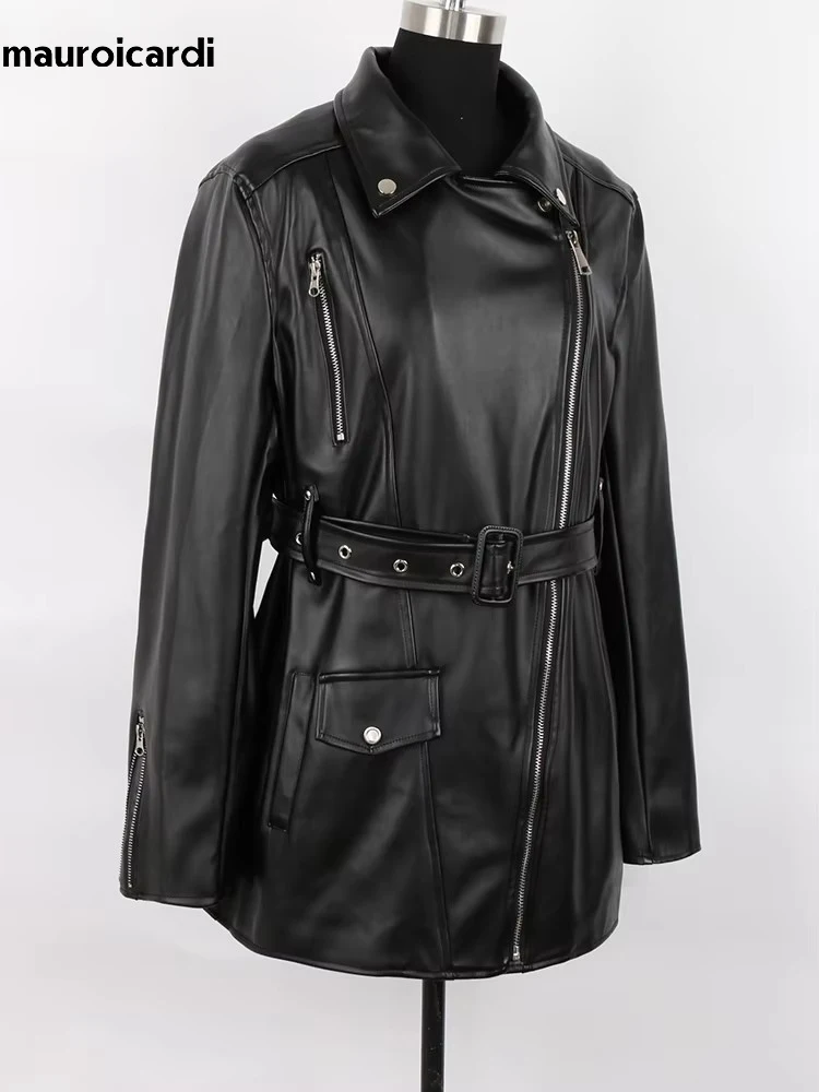 Mauroicardi-Veste de moto et de motard en cuir PU souple avec fermeture éclair pour femme, noir, cool, beau, mode européenne, printemps, automne, 2025