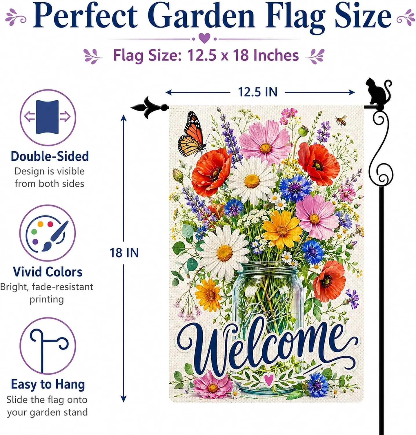 Welcome Mason Jar Wildflower Garden Flag, Double Sided 12 x 18 Inch Burlap Outdoor Yard Flag for Porch Patio Lawn Decor kkz