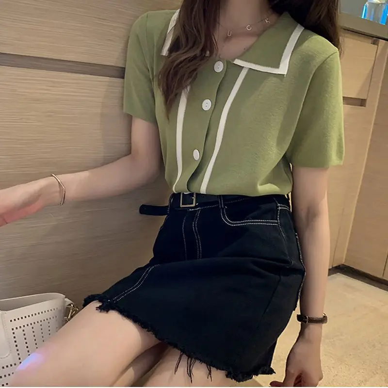 Summer New Fashionable Versatile Polo Collar Short Sleeve T-shirt Korean Style Young Style Simple and Loose Elegant Women\'s Top