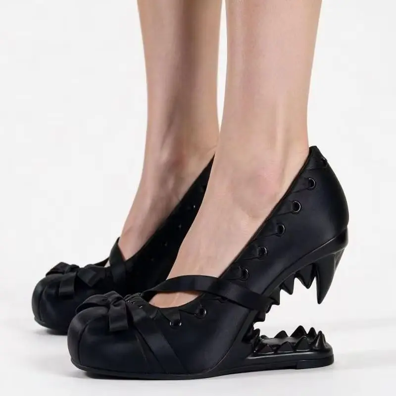 Women Satin Mary Jane Pumps Cross Ribbon Bow Shark Tooth Heel Gothic Y2K Weird Super High Heel Party Dress Footwear Fashion