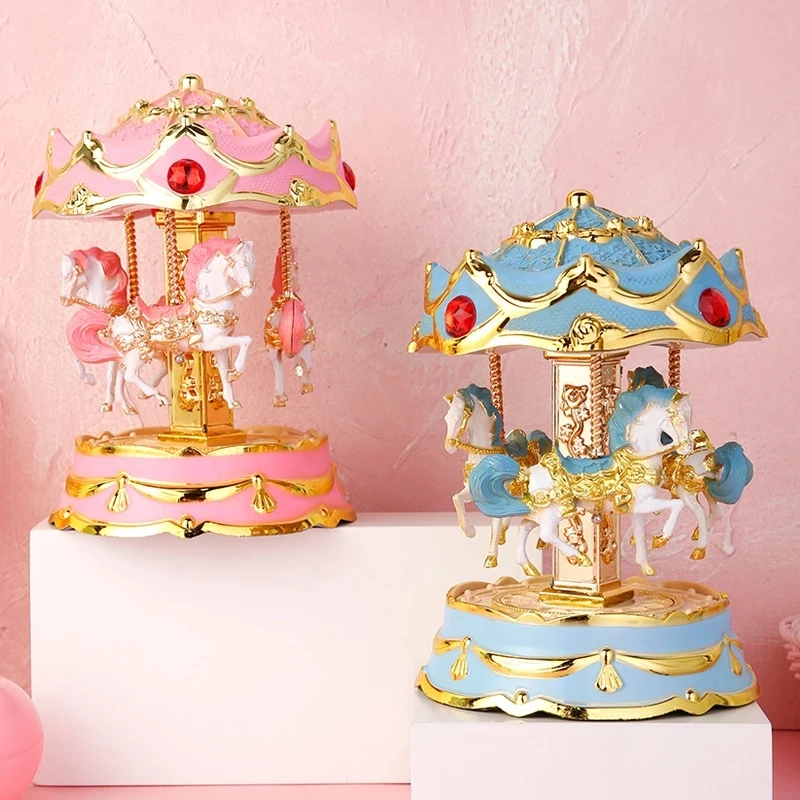 Carousel Music Box Easy Twist with Changeable Light 4 Horse Classic Decor for Wife Daughter Girlfriend Anniversary Christmas Bir