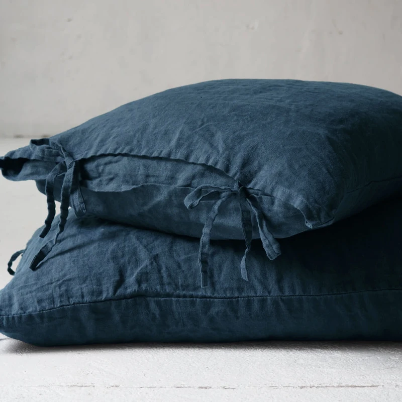 Solid Color Pure Linen Throw Pillow Case Euro Sham for Bed,Custom Size Bowknot Cushion Cover Decoration Pillowcase,Dark Blue
