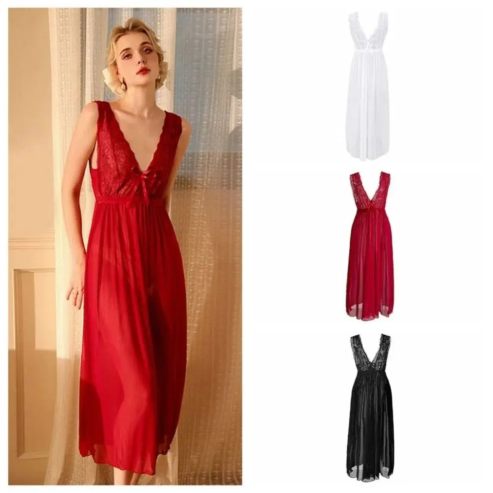 

Pajamas Lace Mesh Flower Nightgown Women Lingerie Sleeveless Bowknot Nightwear Sweet V-neck Nightdress Home