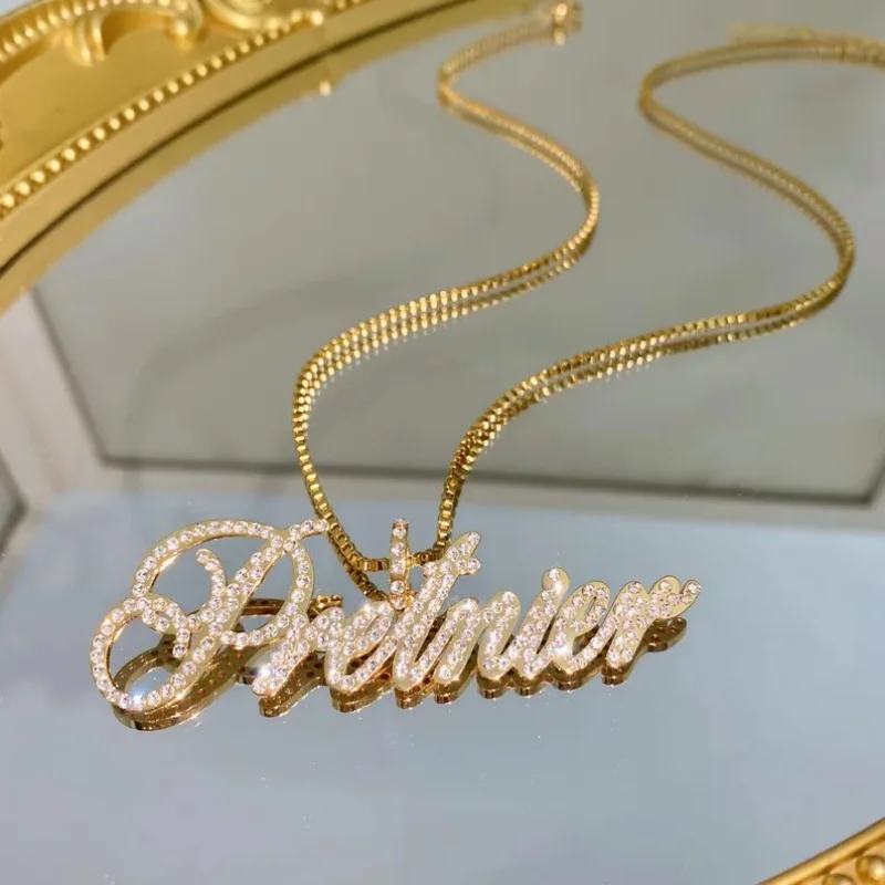 Customizable Stainless Steel Gold Script Bling Zirconia Plaque Box Chain Necklace Jewelry Gift for Friends And Lovers