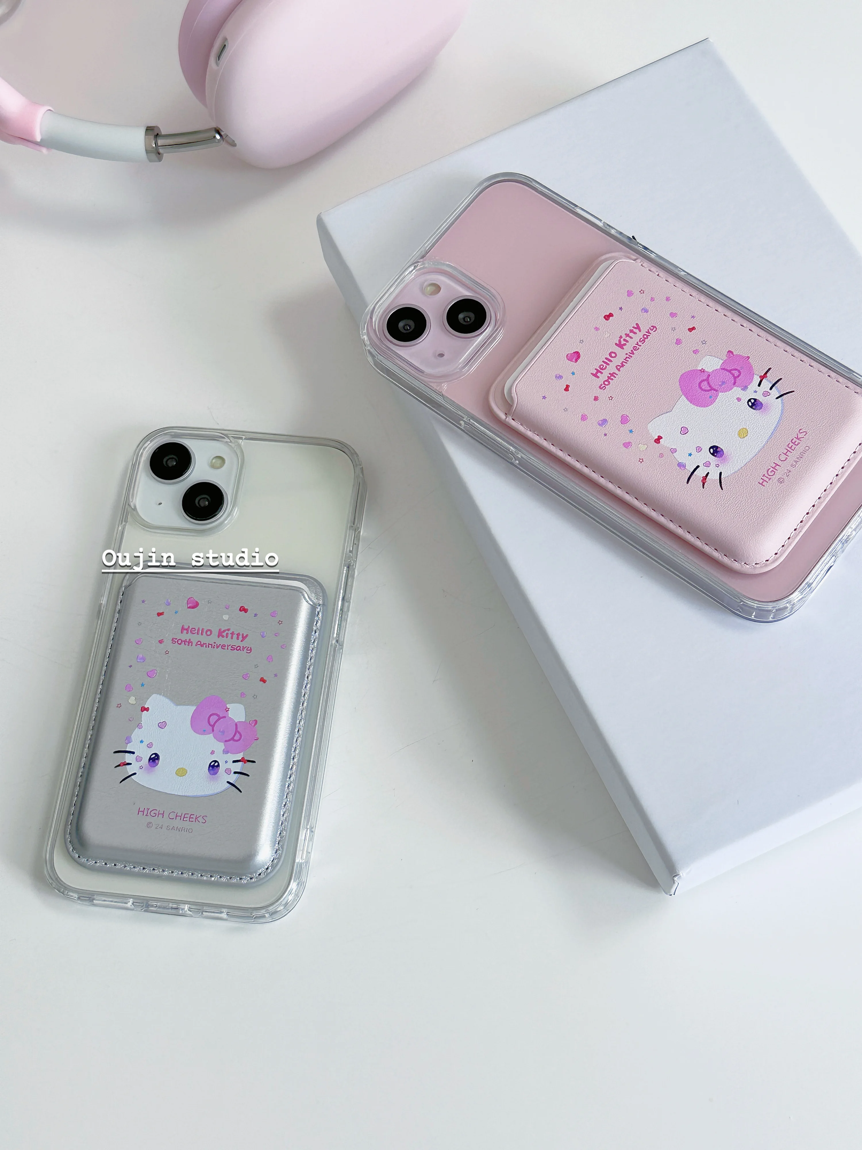 Korean ins cute girl cartoon sweet cat Flash diamond printed magnetic card case for wireless charging 15promaxtr