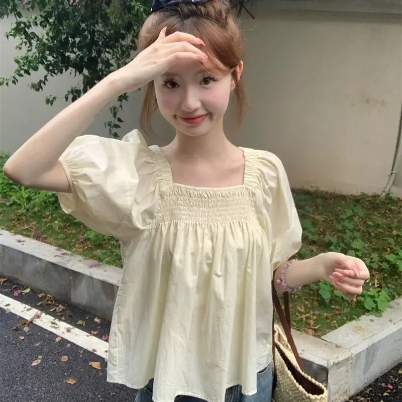Summer Women Korean Square Neck Puff Sleeve Shirt Pleated Short Sleeved Loose Appear Thin Solid Color Comfortable All-match Tops