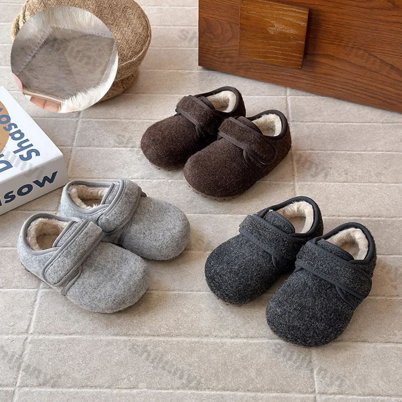 

Зимняя детская хлопковая обувь, теплая плюшевая повседневная обувь для девочек, детская нескользящая удобная уличная обувь на плоской подошве в стиле ретро для отдыха