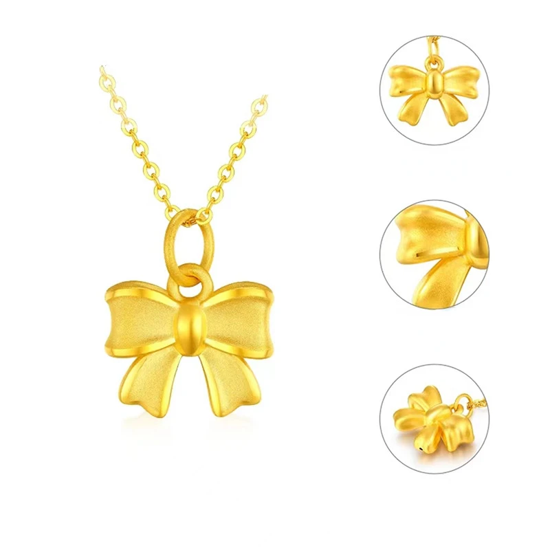 18k Pure Gold Color Solid Bow Necklace Pendant for Women Lucky Yellow Gold Chain Necklaces Engagement Wedding Fine Jewelry Gift