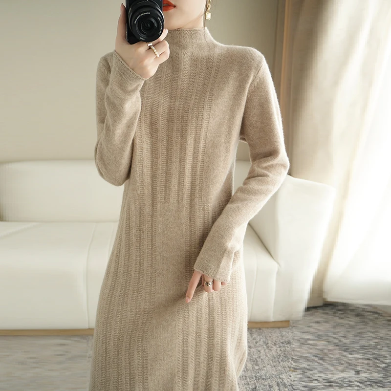 2023 Autumn Winter New Wool Dress Women's Half High Collar Pullover Sweater 100% Pure Wool Loose Solid Jacquard Mid Length Dress