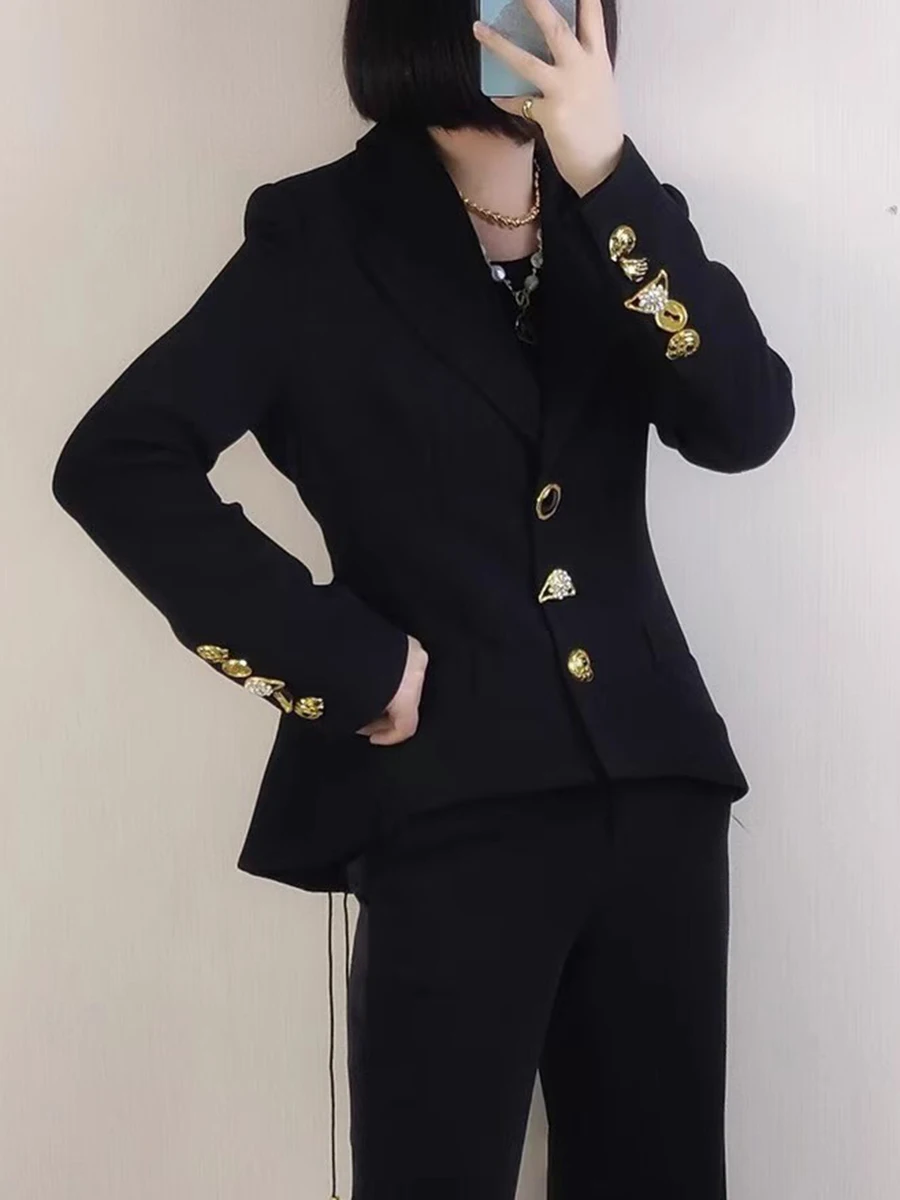 TWOTWINSTYLE Solid Spliced Lace Up Slimming Jackets For Women Lapel Long Sleeve Tunic Temperament Patchwork Button Coat Female