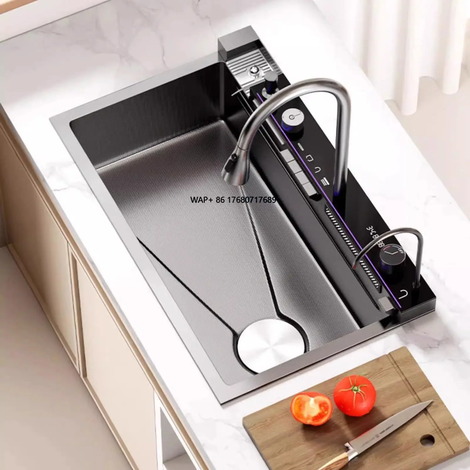 Modern Luxury Kitchen Sink Waterfall LED Digital Display Pull-Out Faucet Stainless Steel 5mm Thickened Kitchen Sink
