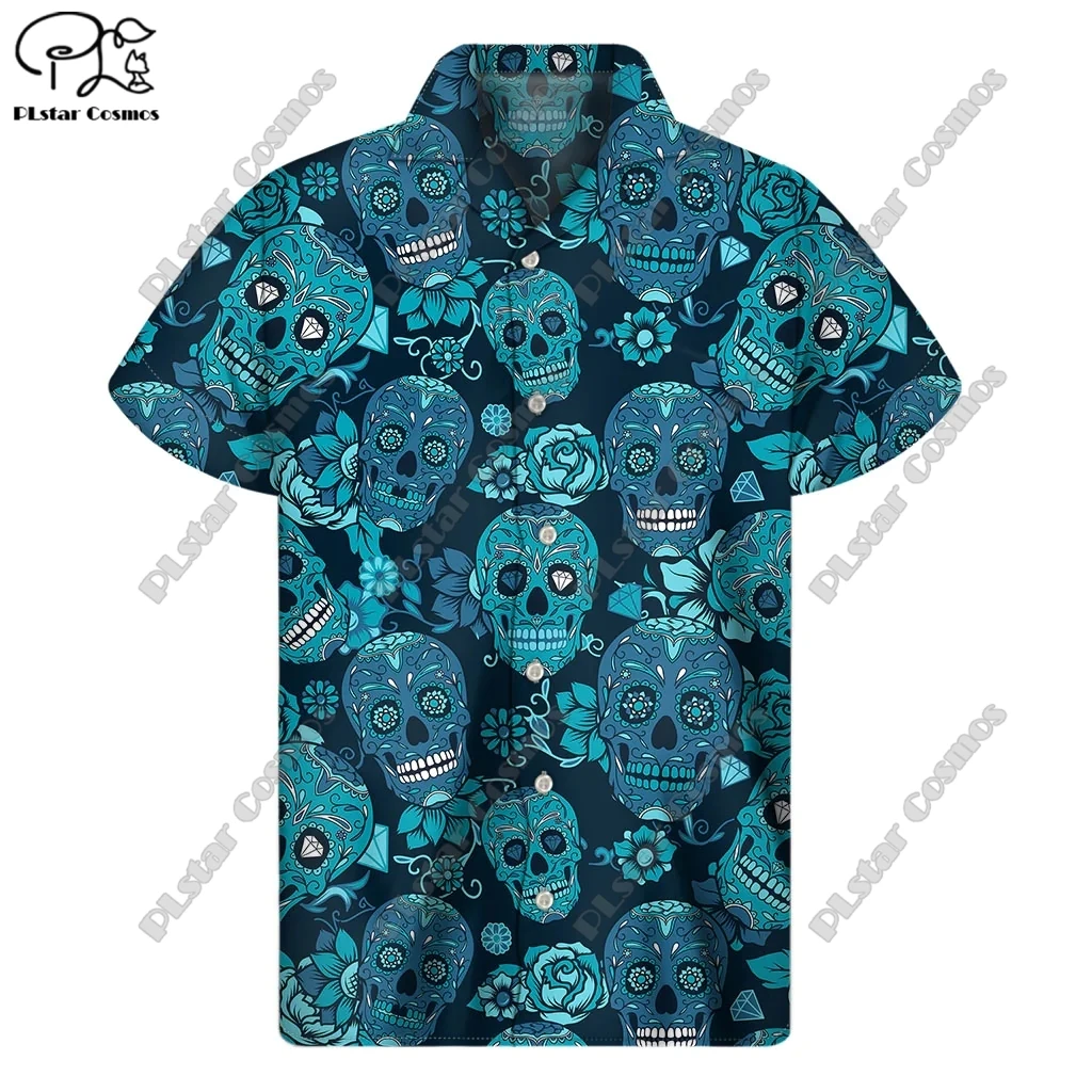 PLstar Cosmos impressão 3D 2023 camisa dos homens de verão novo camisa de manga curta horror caveira rua solta 5XL camisa de design série 5