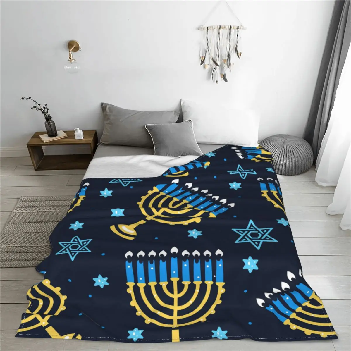 Happy Hanukkah Pattern Menorah Traditional Candles Blankets Wool Funny Soft Throw Blanket for Home Spring/Autumn