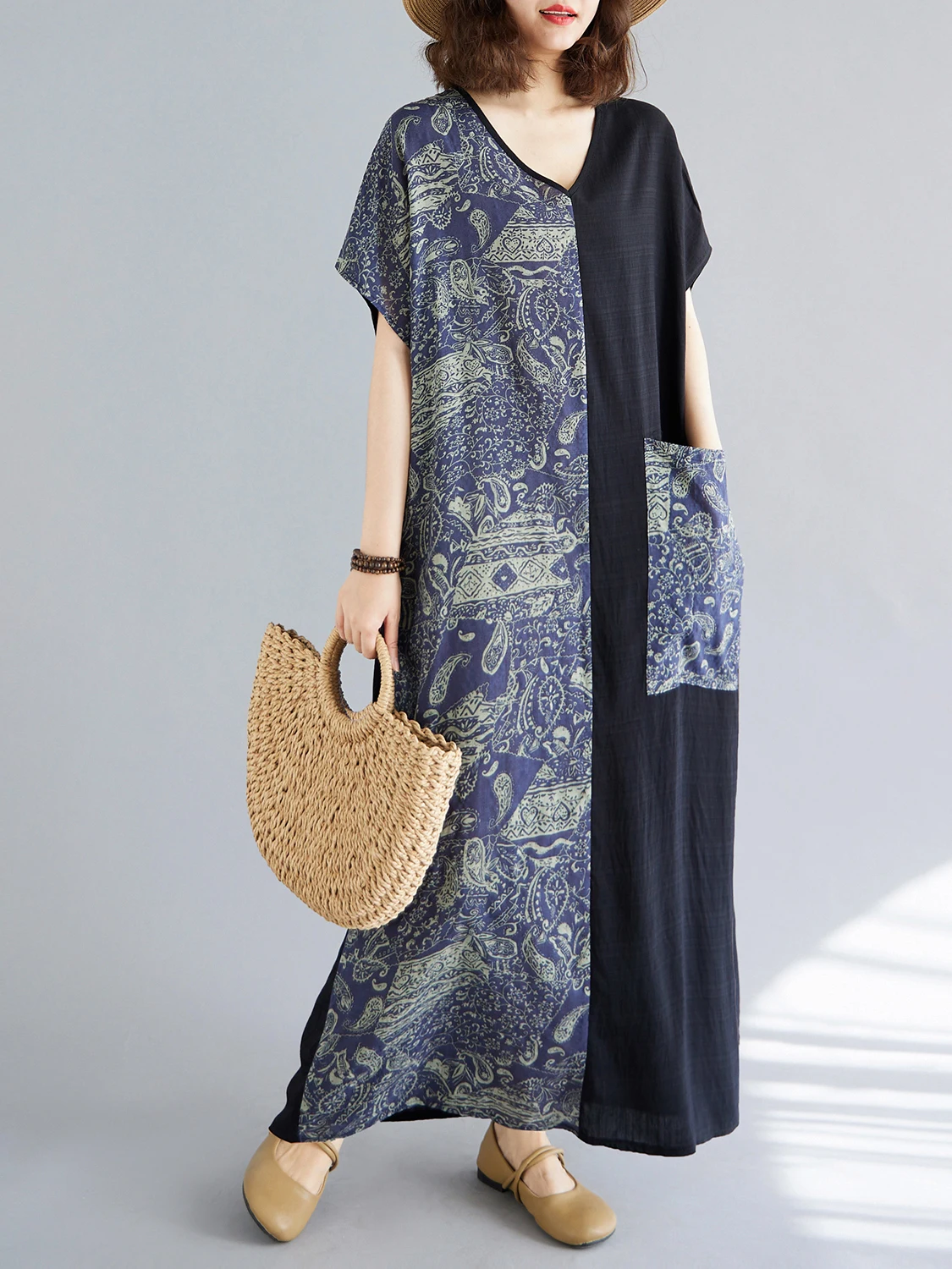 فستان طويل كاجوال بطباعة بوهيمية وتصميم مرقع بمقاسات كبيرة، فستان شاطئ بأكمام قصيرة على طراز الروب، أزياء صيفية للنساء