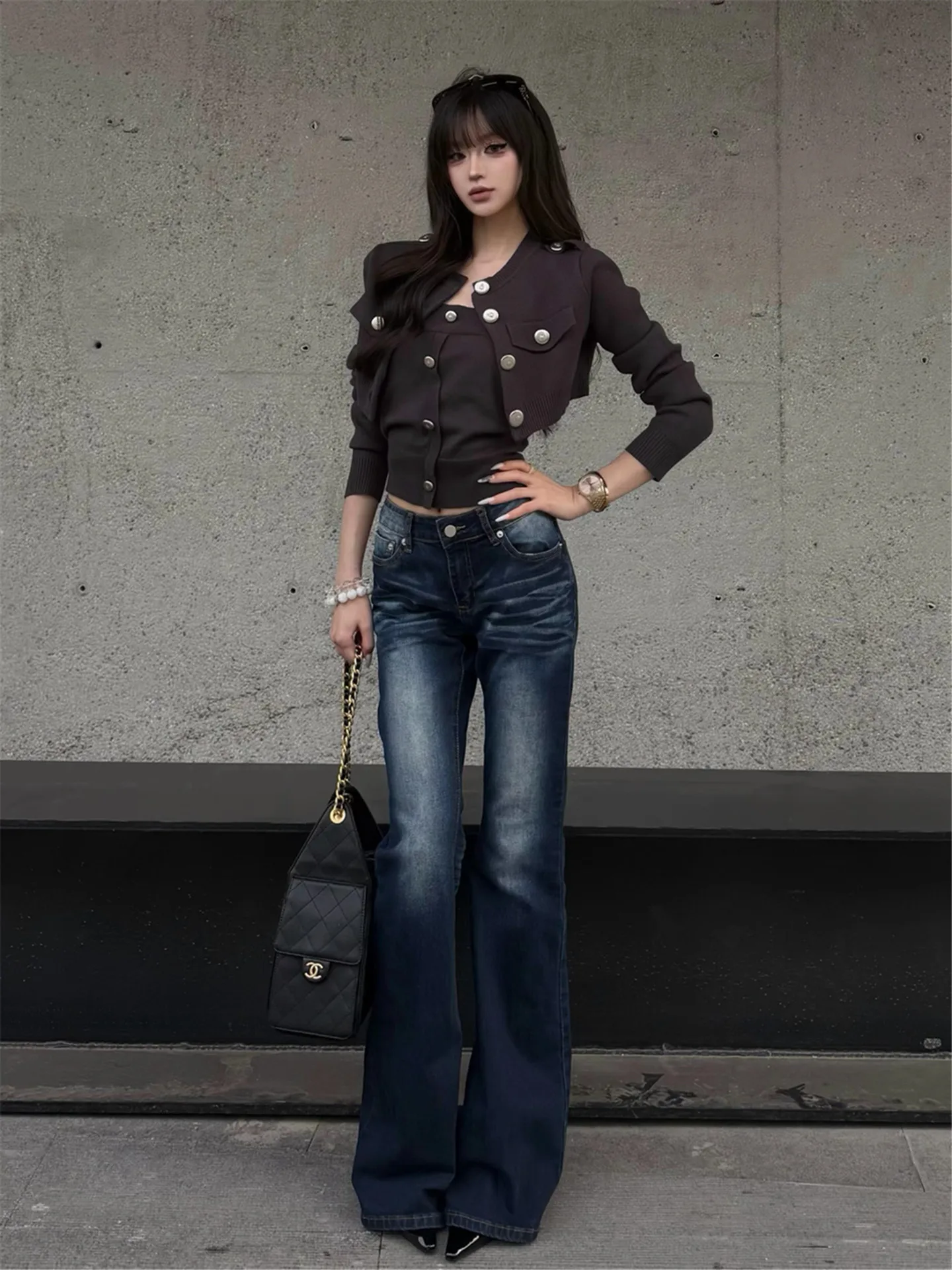 

American Street Style Low Waist Bell Bottom Jeans Women's Slimming Washed Long Floor Length Pants Casual Cotton Denim