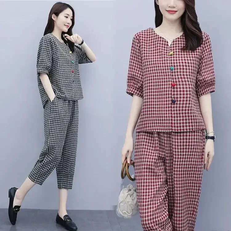 

2025 Summer Women's 2Pcs Plaid V-neck Blouse+Pants Office Lady Two Pieces Set Casual Fashion Tops And Ankle-length Trousers Sets