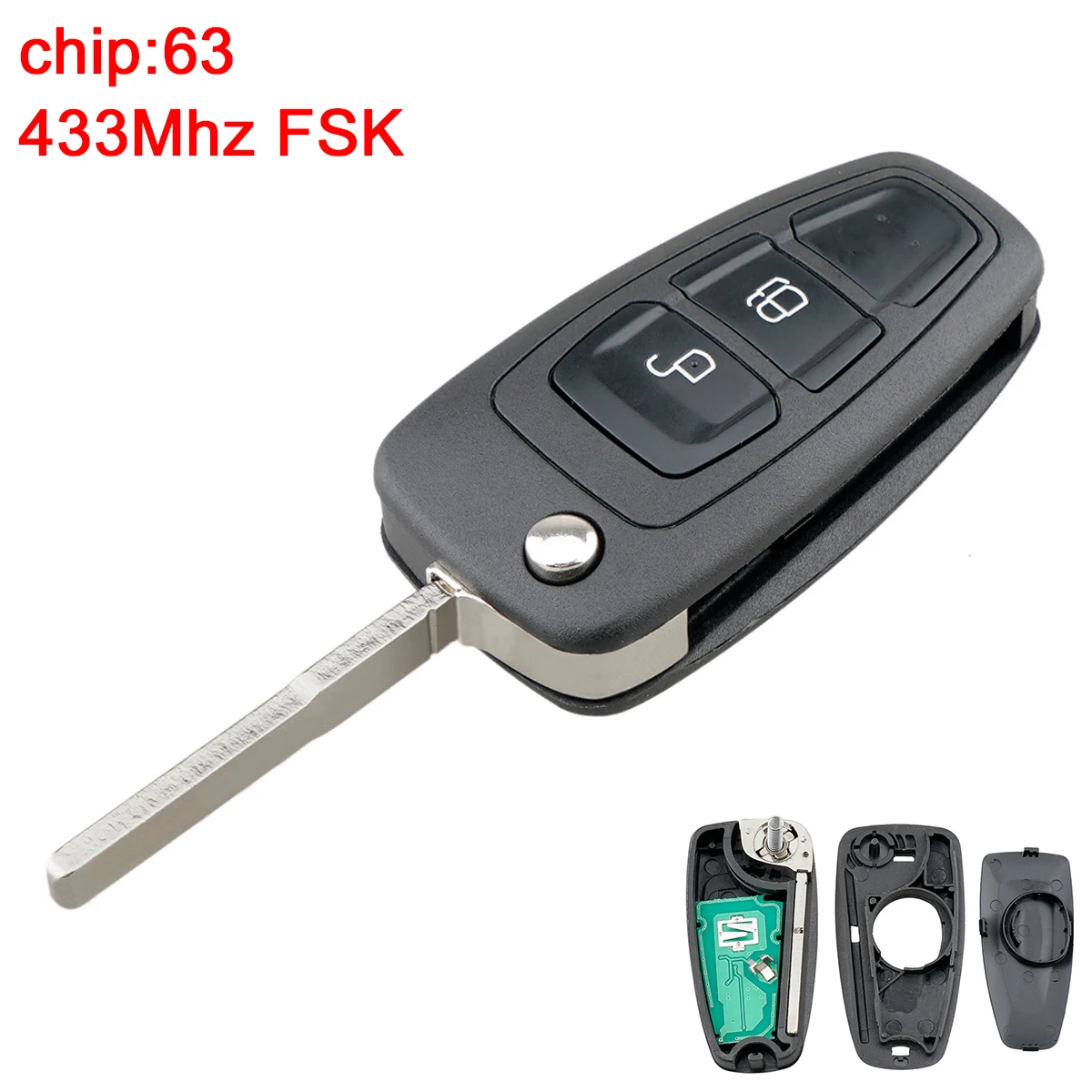 

2 Buttons 433MHz Car Remote Key Fob Shell Case Fit for Ford Ranger Focus 2012 2013 2014 2015 5WK50166 AB39-15K601-DA 4D63 Chip