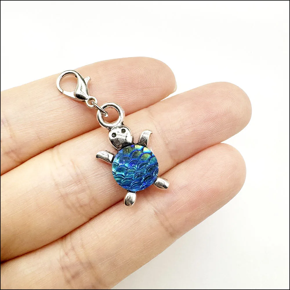 12 New Tortoise Mixed Charms Resin Animal Pendants With Lobster Claw Clasps Tibetan Silver Plated 14x23mm