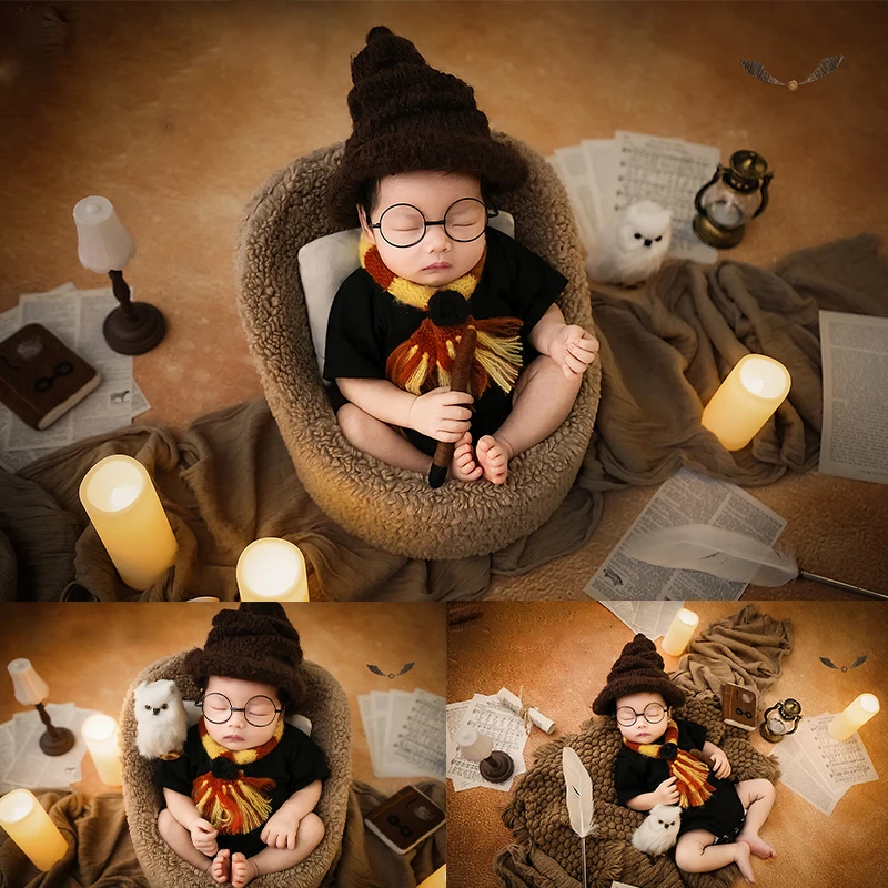 

Newborn Photography Magic Academy Character Boy Costumes with Glasses Magic Wand Book Feather Pen Props Baby Photography Clothes