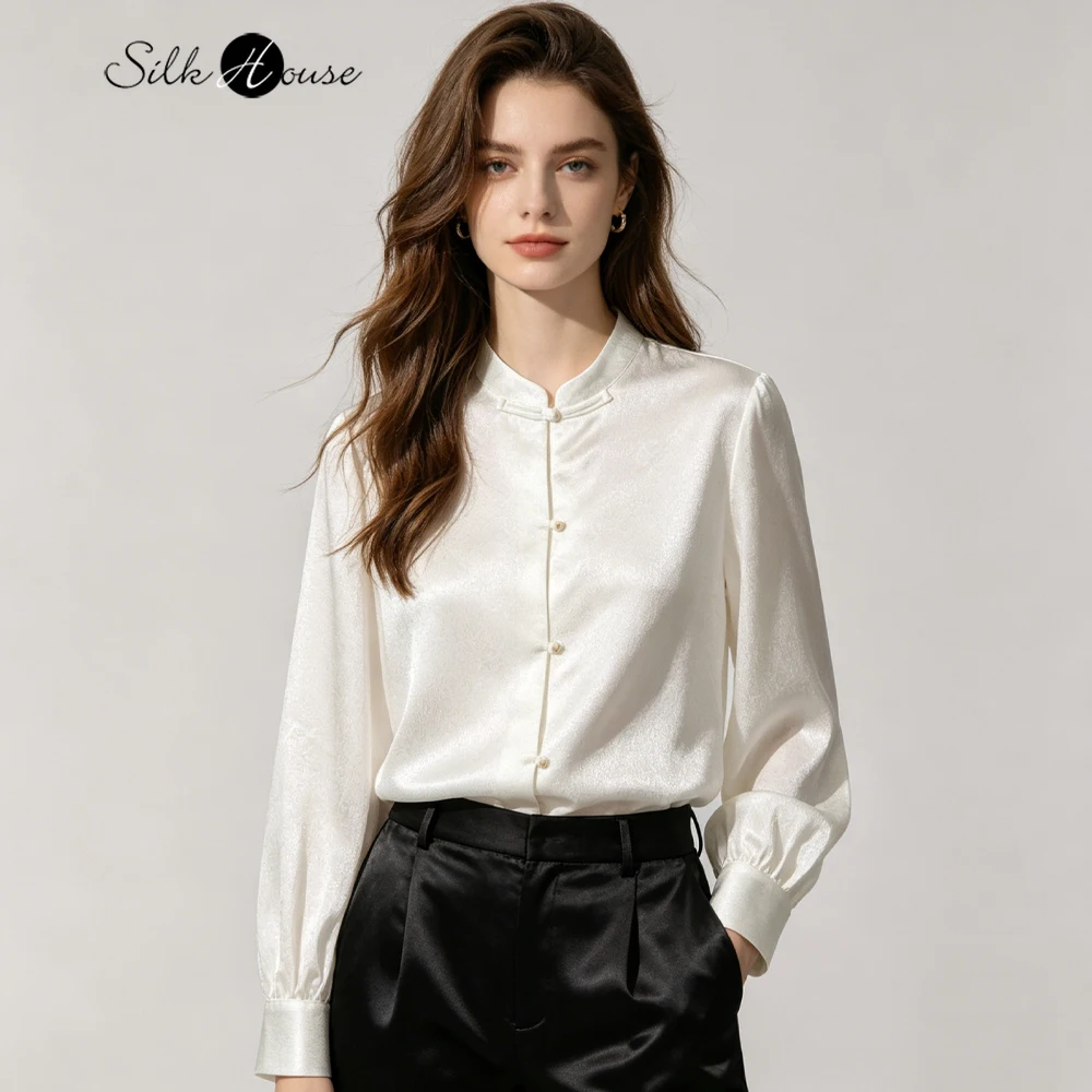 

Women's Fashion Early Autumn Clothing 25MM Heavy Weight 100% Natural Mulberry Silk Jacquard Satin Stand Collar Long Sleeve Shirt