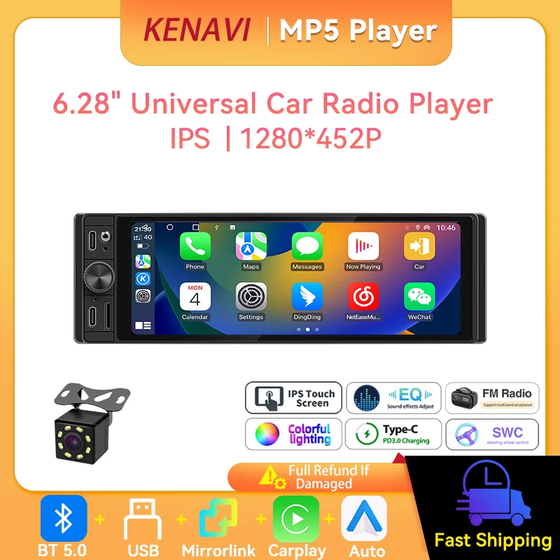 1Din Universal 6.28inch Car MP5 Stereo Radio Wireless Carplay Android Auto BT5.0 USB Mirrorlink Card Multimedia Player Head Unit