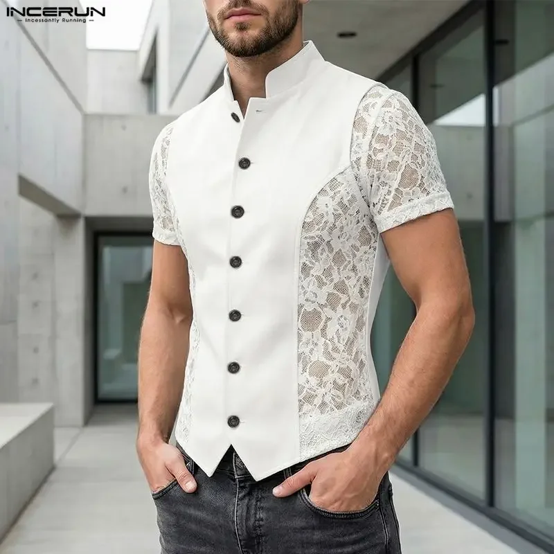 INCERUN Men's Shirt Lace Patchwork See Through Stand Collar Short Sleeve Men Clothes Sexy Fashion Streetwear Tops For Man Camisa