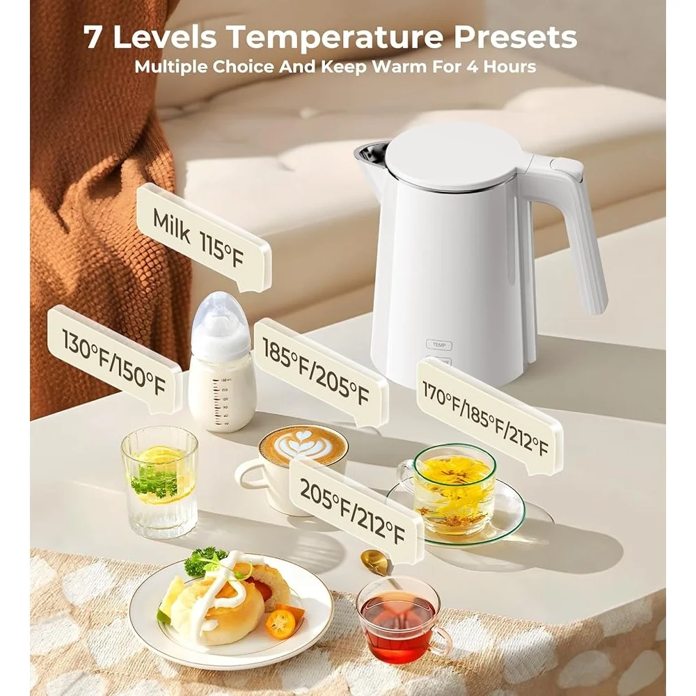 غلاية كهربائية 1 لتر سريعة الغليان 1200 وات إيقاف تلقائي للحماية الجافة من الغليان 7 إعدادات لدرجة الحرارة إبريق شاي من الفولاذ المقاوم للصدأ لاسلكي
